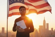 Hopeful immigrant holding a Green Card application folder in front of a waving U.S. flag with a city skyline at sunrise, symbolizing new opportunities.