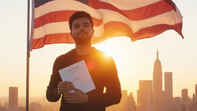 Hopeful immigrant holding a Green Card application folder in front of a waving U.S. flag with a city skyline at sunrise, symbolizing new opportunities.