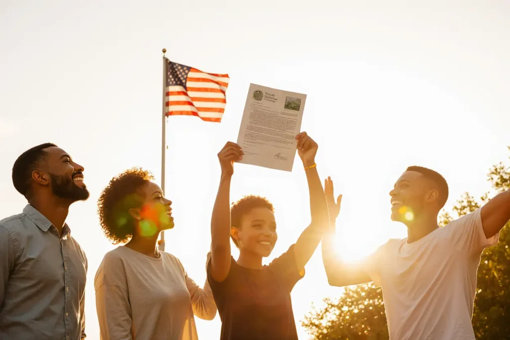 Happy family celebrating approval with their family-based green card lawyer after they apply for green card successfully.